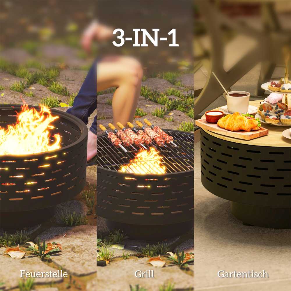 Outsunny 3-in-1 laužavietė Ø60 x 39 cm iš nerūdijančio plieno su kepsnine, žarstekliu ir dangčiu, medžio imitacija, skirta sodui, balkonui, terasai, kepsninei ir stovyklavimui, anglies pilka spalva