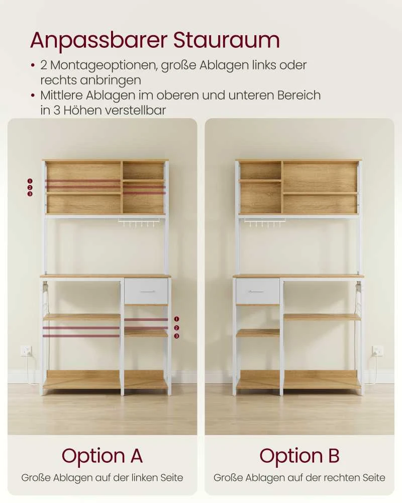 Songmics Vasagle Virtuvės lentyna su lizdais ir medžiaginiu stalčiumi 40 x 100 x 180,4 cm
