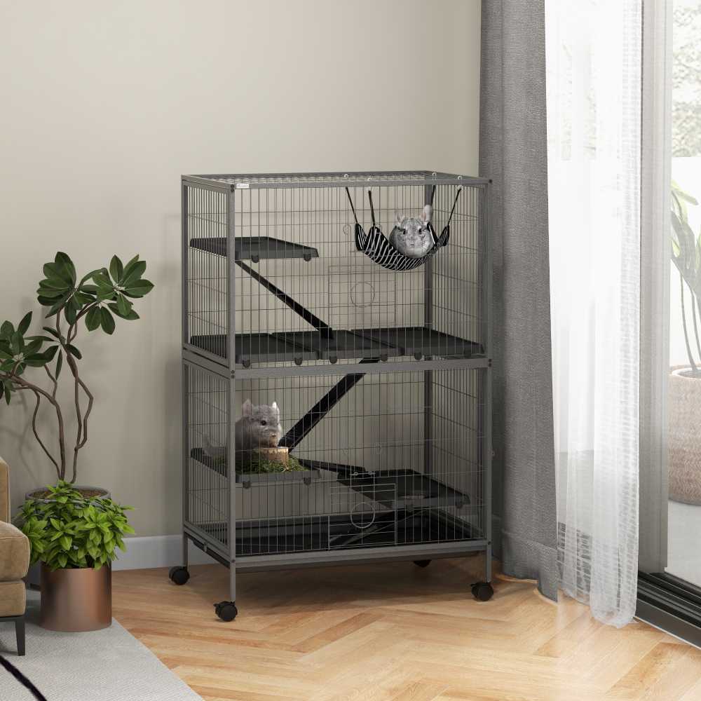"Pawhut" narvas graužikams Daugiafunkcinis 4 platformos 3 rampos 4 durys Matmenys 80L x 52W x 128H cm Plieninis pilkas sidabrinis juodas