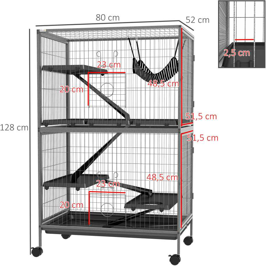 "Pawhut" narvas graužikams Daugiafunkcinis 4 platformos 3 rampos 4 durys Matmenys 80L x 52W x 128H cm Plieninis pilkas sidabrinis juodas