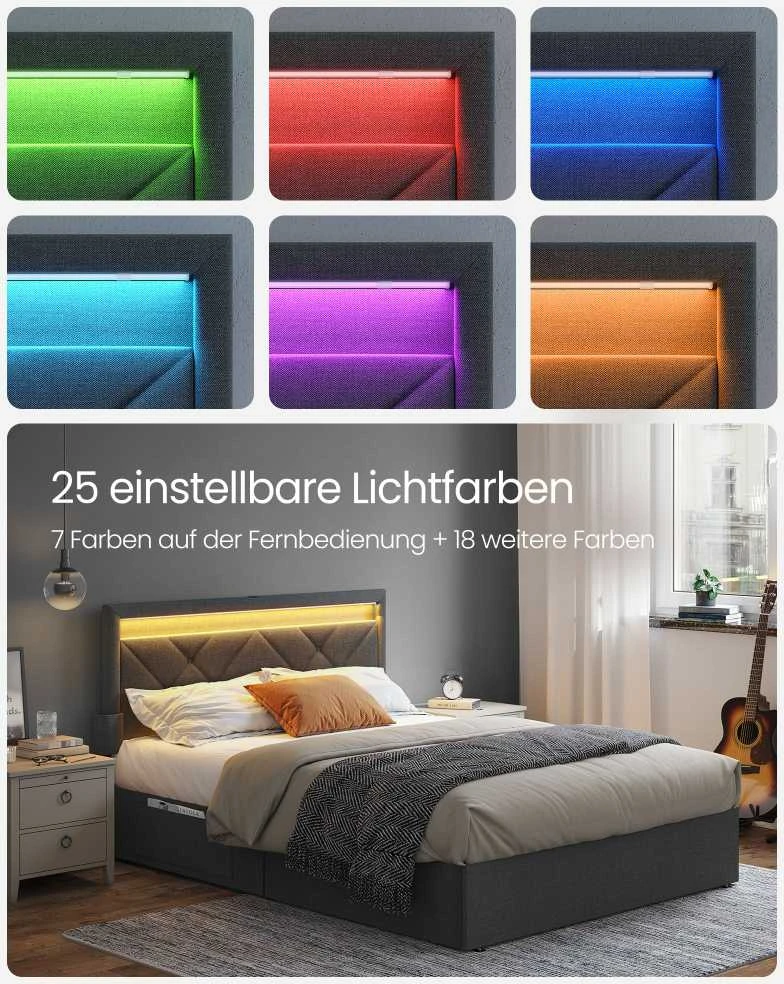 Vasagle Lova 140 x 200 cm su įkrovimo stotele skalūno pilka matinė juoda