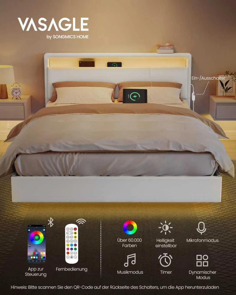 Vasagle Lovos rėmas su LED apšvietimu ir įkrovimo stotele 140 x 200 cm