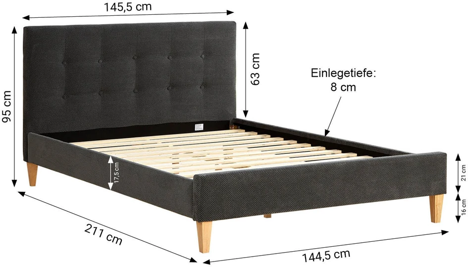 Lova Homestyle4U Aptrauktas lovos rėmas, 144.5x95x211 cm, pilka