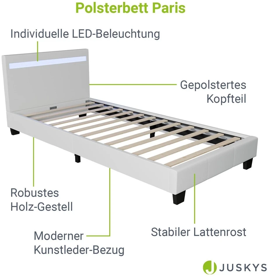 Lova Juskys Čiužinys su apmušalais Paris 90x200 cm su LED apšvietimu baltas