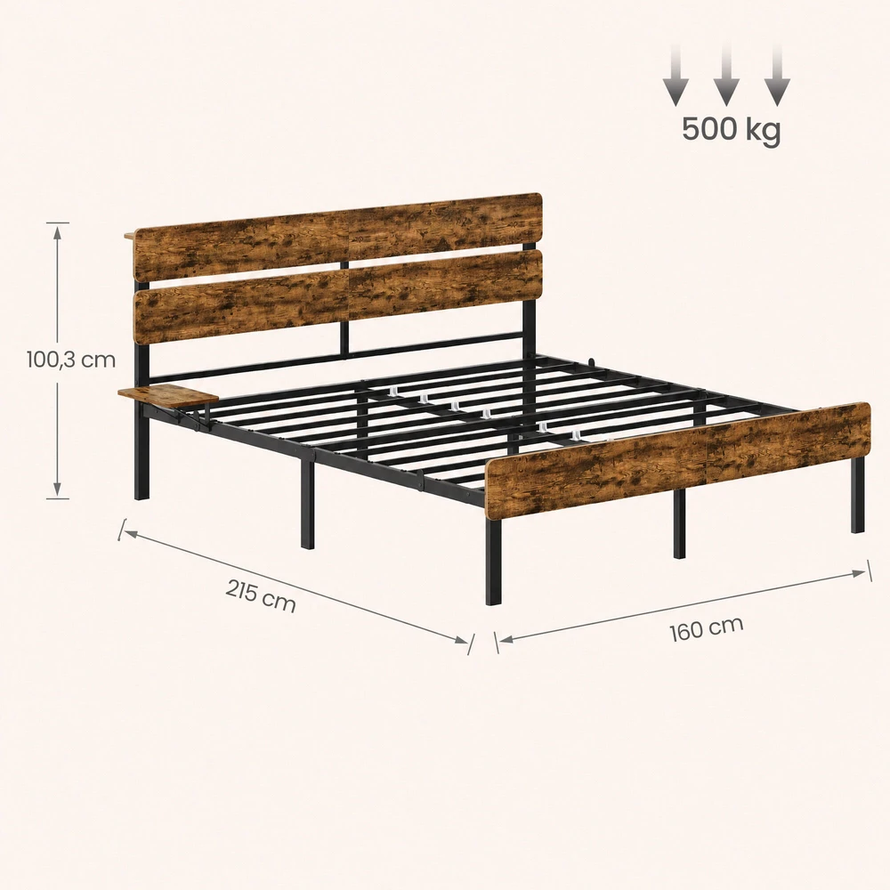 Lova Songmics Lovos rėmas su LED apšvietimu, USB jungtimis, 500 kg apkrovos talpa, 214,2 x 167 x 100,2 cm, senovinės rudos spalvos