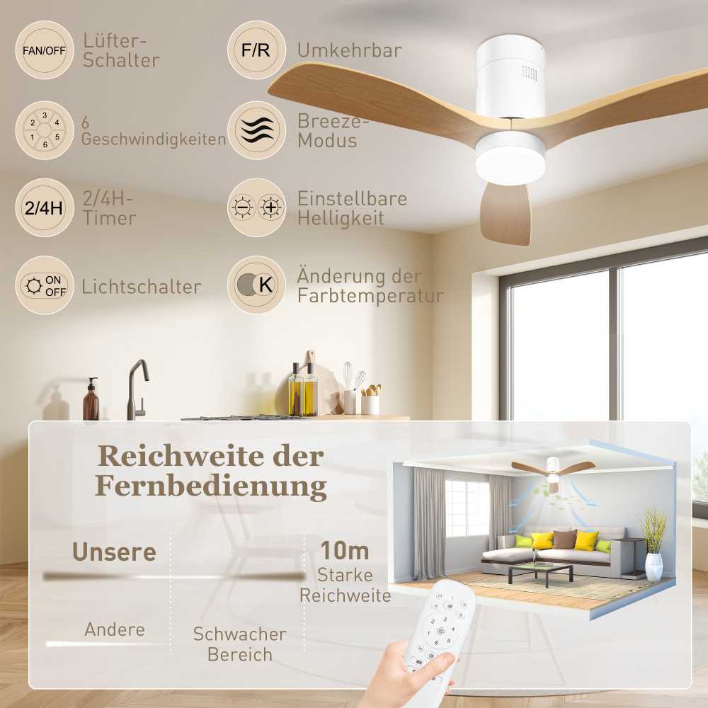 HOMCOM Lubų ventiliatorius su apšvietimu ir nuotoliniu valdymu 117 cm LED lempa su ventiliatoriumi, 3 sparnais, grįžtamuoju nuolatinės srovės varikliu, 3 šviesos spalvomis, 6 greičiais, laikmačiu miegamajam