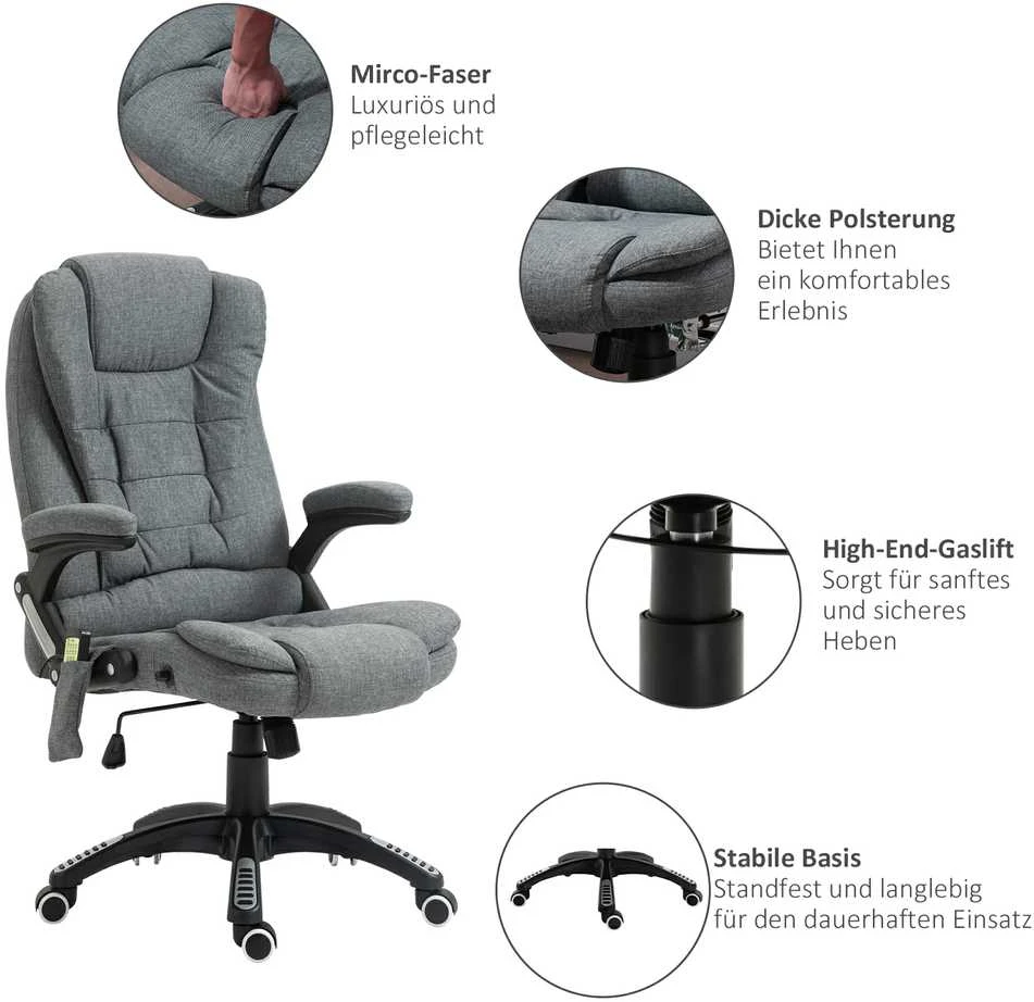 Vinsetto masažinis vadovo kėdė biuro kėdė reguliuojamo aukščio ergonomiška masažinė pilka 67 x 74 x 116–126 cm