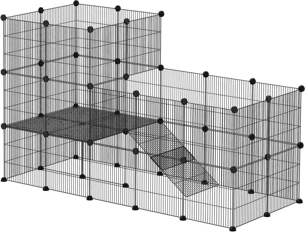 PawHut aptvaras smulkiems gyvūnams, 39 dalių narvas su rampa, DIY metalinis grotuotas aptvaras, atidaromas, juodas, 140 x 70 x 105 cm
