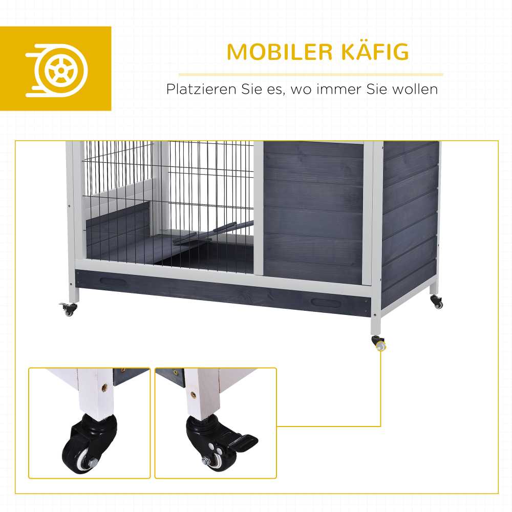 "PawHut" mažų gyvūnų būdelė su ratukais jūrų kiaulytės narveliui, pagaminta iš eglės medienos, tamsiai pilkos ir baltos spalvų 90x53x59 cm
