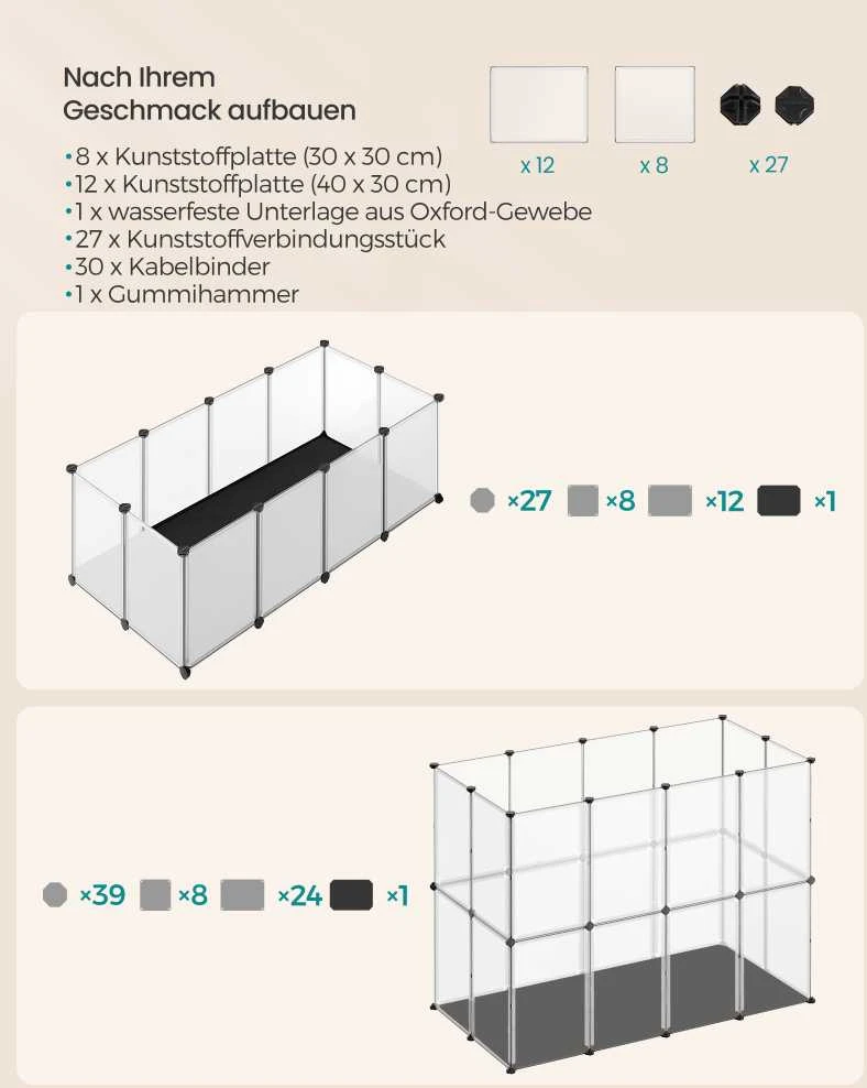 Songmics Mažų gyvūnų aptvaras su pagrindo plokštėmis 125 x 63 x 42 cm
