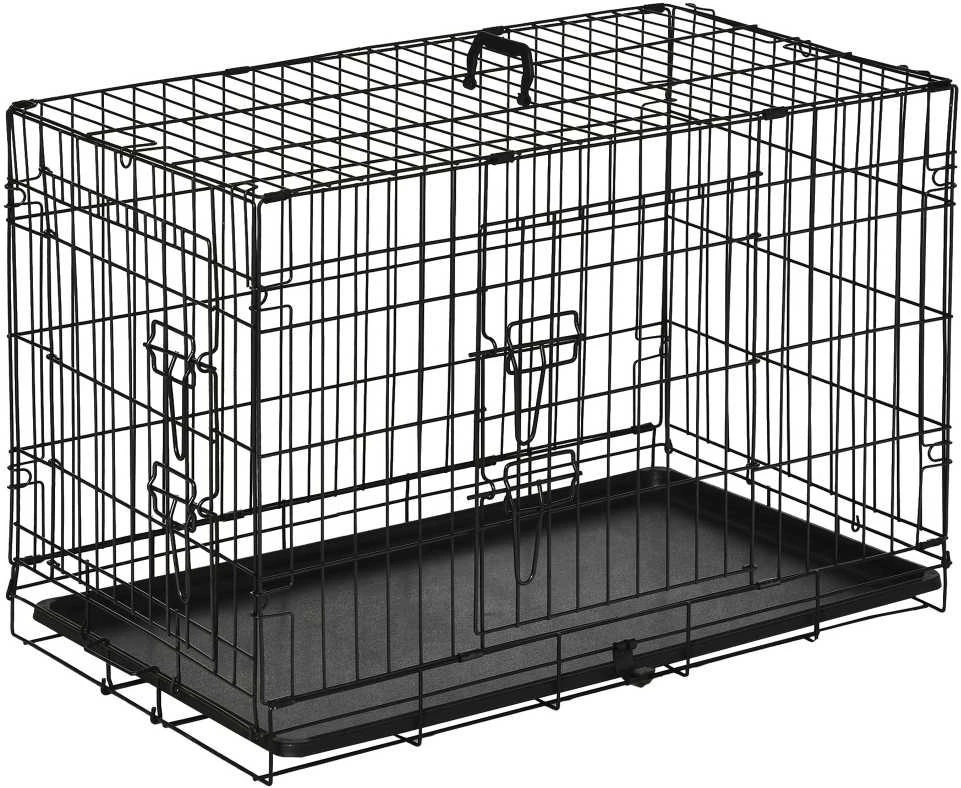 PawHut šunų dėžė, transportavimo dėžė, smulkių gyvūnų narvas, šunų narvas, transportavimo narvas, sulankstomas, metalinis, juodas, 76x46x52 cm