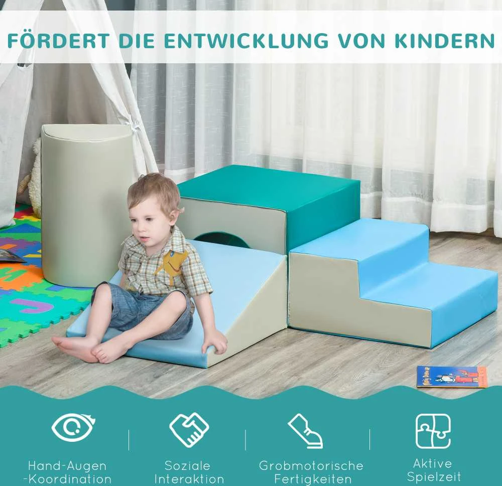 HOMCOM vaikiškų kaladėlių rinkinys, 4 vnt. minkštų putplasčio kaladėlių rinkinys, lengvai valomas, minkštas užpildas, 1-3 metų vaikams, šviesiai pilka + mėlyna + žalia