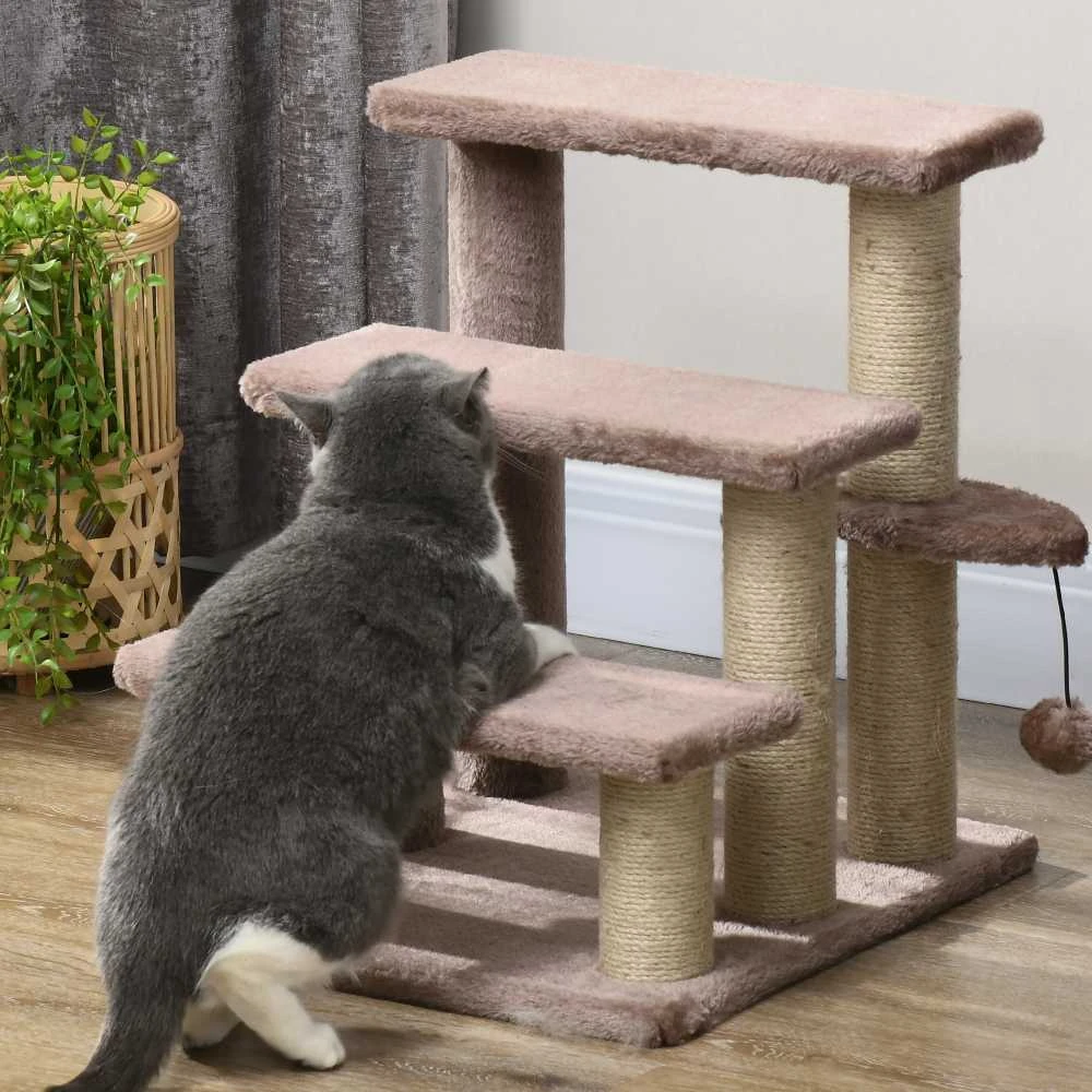 PawHut 3-pakopų naminių gyvūnėlių laiptai su draskyklėmis, kamuoliuku, šunų laiptai, naminių gyvūnėlių laiptai katėms iki 5kg, pliušas, džiutas, ruda, 45 x 40 x 48 cm | Aosom