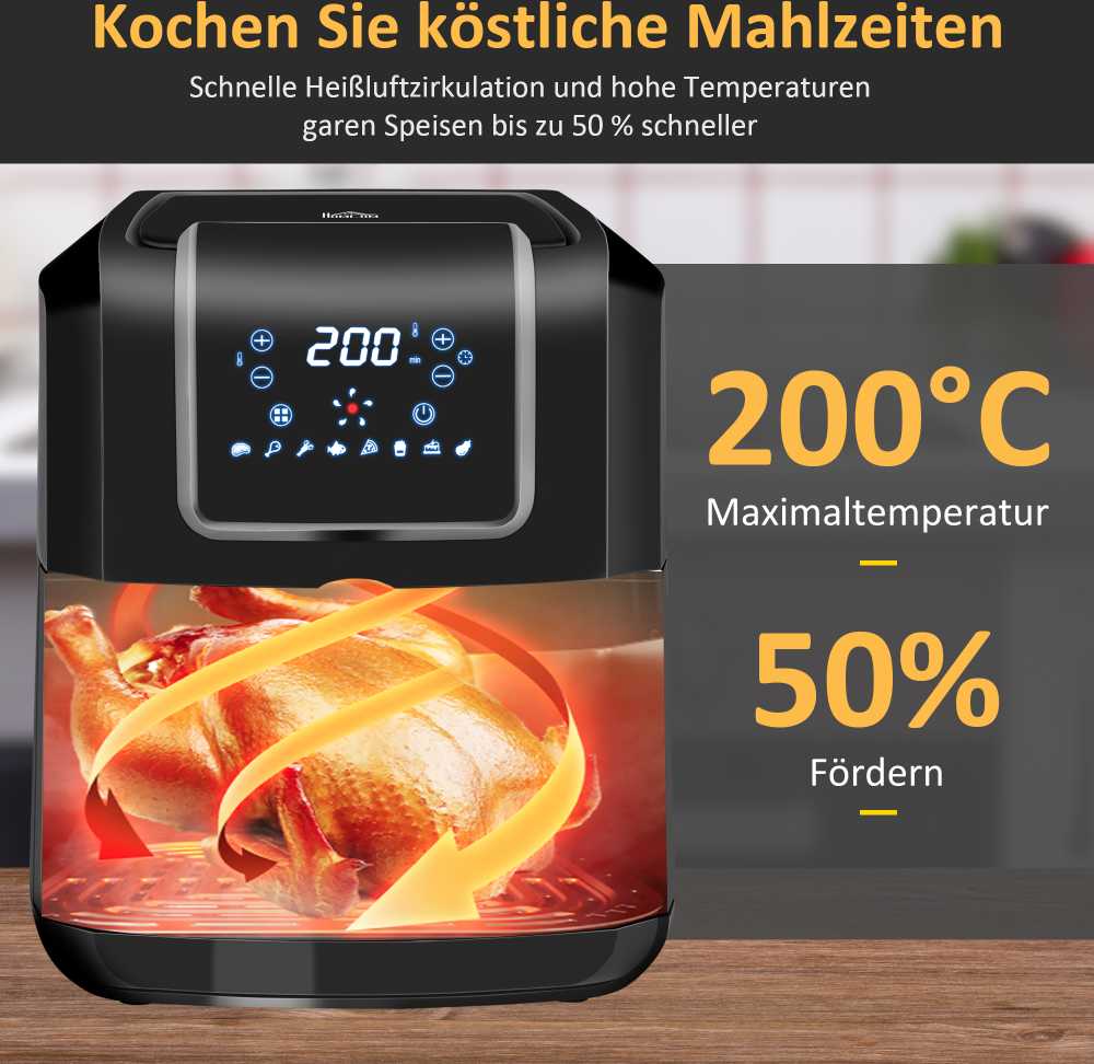 HOMCOM karšto oro gruzdintuvė 6,5 l, 1700 W, su 8 meniu ir LED ekranu, nelimpančia danga, sveikam gaminimui be aliejaus, juoda, 36,5 x 29 x 33,8 cm