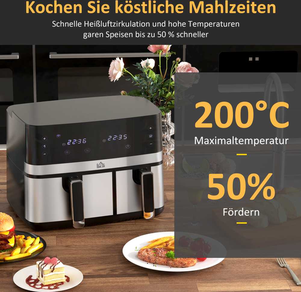 Gruzdintuvė HOMCOM Karšto oro keptuvė 8,5 l Dviejų kamerų 8in1 receptų oro keptuvė Nesvylanti danga Jutiklinis ekranas Išmanusis laikmatis be aliejaus Juoda