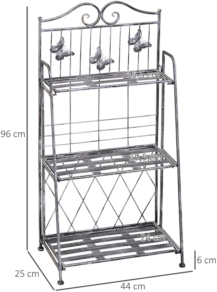 Outsunny augalų stovas, metalinis 3 pakopų gėlių stovas, gėlių laiptai sodui, pilkas, 44x25x96 cm