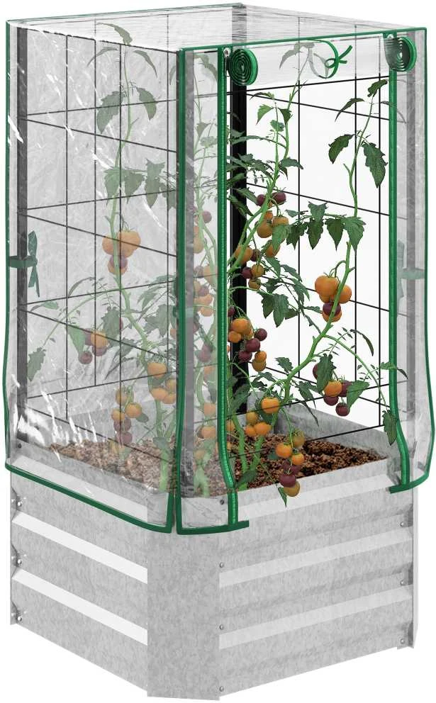 Outsunny Pakeliamų lysvių rinkinys, sodinimo dėžė su plastikiniu dangčiu ir atrama vijokliniams augalams, 53x53x90 cm