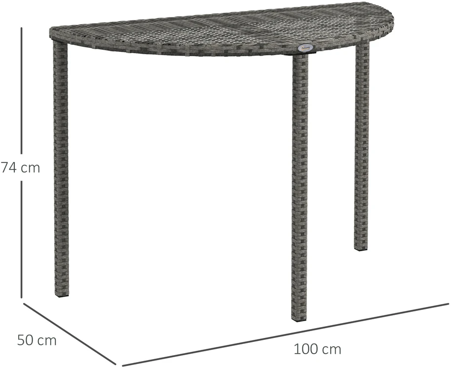 Outsunny balkono stalas, sodo pagalbinis staliukas, sodo baldai, pusapvalis, poliratanas, metalas, pilkas, 100 x 50 x 74 cm