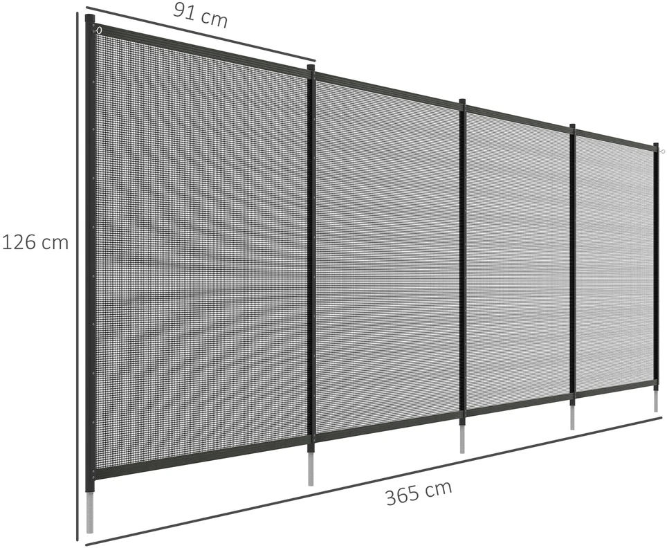 Outsunny tvenkinio tvora, 365 x 126 cm sodo tvora, 4 dalių dekoratyvinė baseino tvora su kojelėmis, įstatoma tvora terasai, balkonui, tinklelis, juoda