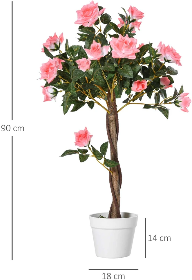 Outsunny 90 cm didelis dirbtinis rožių medis vazone, plastikinė dirbtinė gėlė kaip tikra, moderni dekoracija svetainei, miegamajam, biurui, dovana