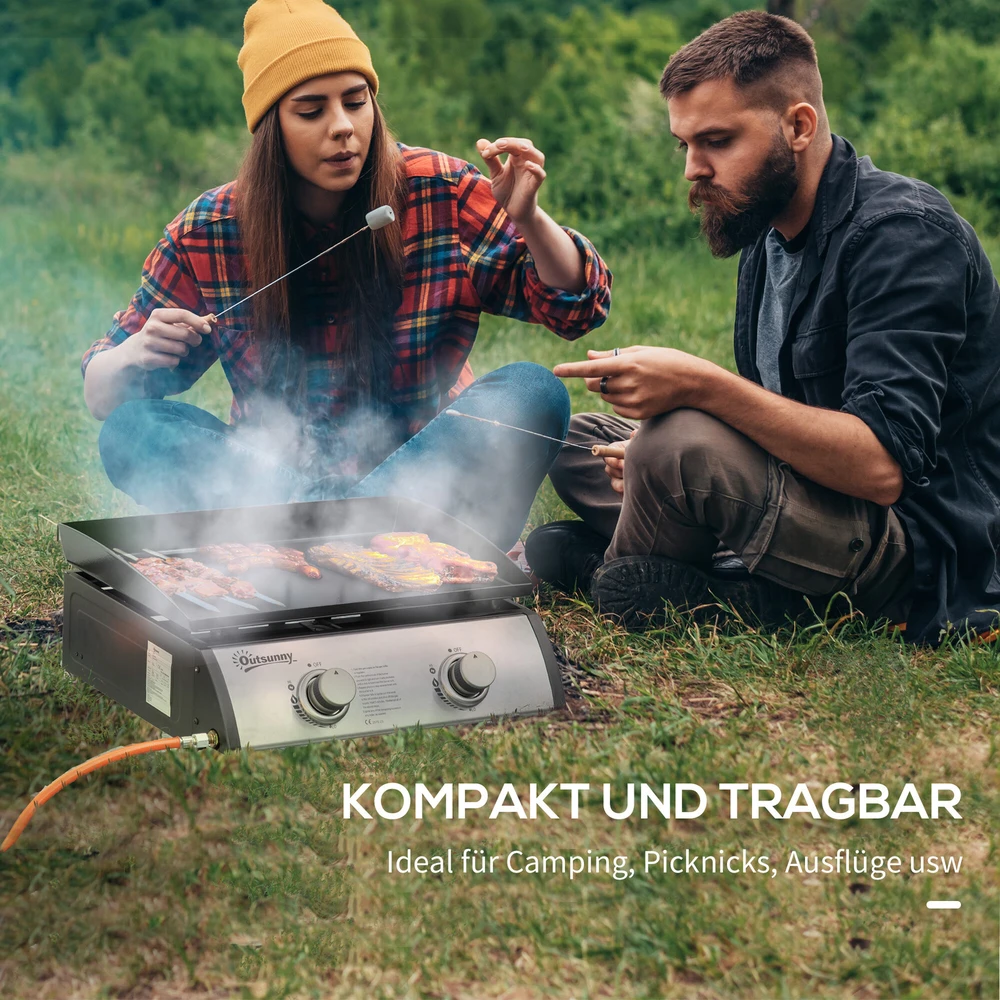 Outsunny stalo dujinis kepsninė su 2 degikliais, stalinė dujinė kepsninė su žarna, neprideganti grilio plokštė, kempingo kepsninė, nerūdijantis plienas+metalas, sidabrinė