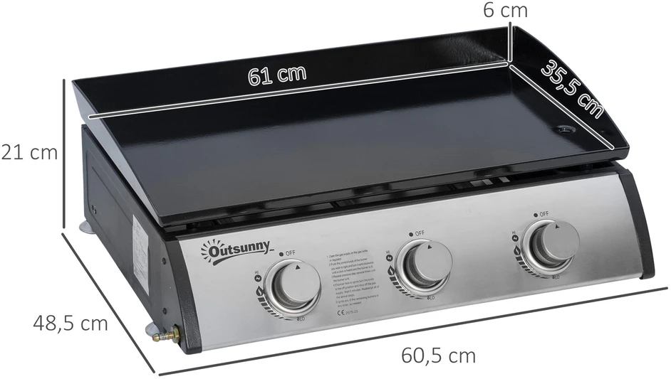 Outsunny dujinis grilis 10000BTU/2,5 kW, įskaitant 3 nerūdijančio plieno degiklius, slėgio reguliatorių, dujų žarną, BBQ sodo grilis balkonui, stovyklavimo grilis 63 x 48 x 21 cm