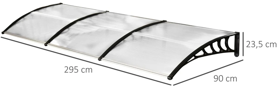 Outsunny stogelis durims, 90 x 295 cm, arkos formos polikarbonatinis stogelis su apsauga nuo UV spindulių, apsauga nuo saulės ir lietaus
