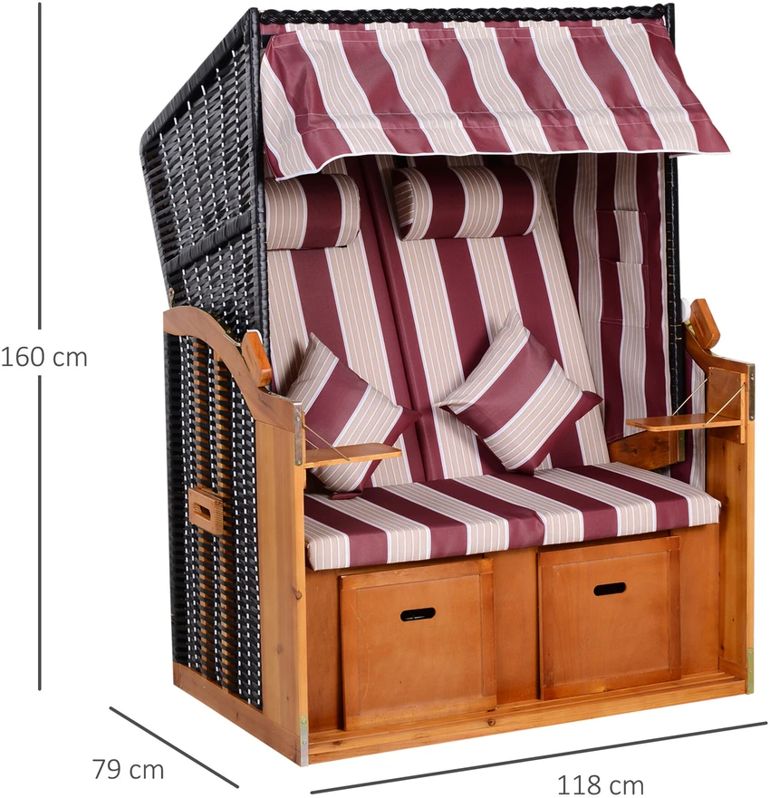 Outsunny paplūdimio krėslas, dvigulis gultas su stogeliu, gultas su puodelių laikikliais, šezlongas, 5 padėčių atlošas, PE ratanas, raudona/balta, 118x79x160 cm