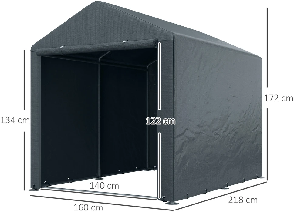Outsunny garažo palapinė, 1,6 x 2,18 x 1,72 m sandėliavimo palapinė su UV apsauga, užtraukiamos durys, vandeniui atspari plėvelinė garažo palapinė sodo įrankiams, motociklams, tamsiai pilka | Aosom
