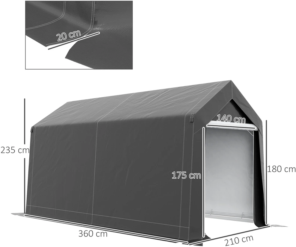 Outsunny garažo palapinė, 2,1 x 3,6 x 2,35 m sandėliavimo palapinė su apsauga nuo UV spindulių, užtraukiamos durys, vandeniui atspari plėvelinė garažo palapinė motociklams, sodo įrankiams, tamsiai pilka