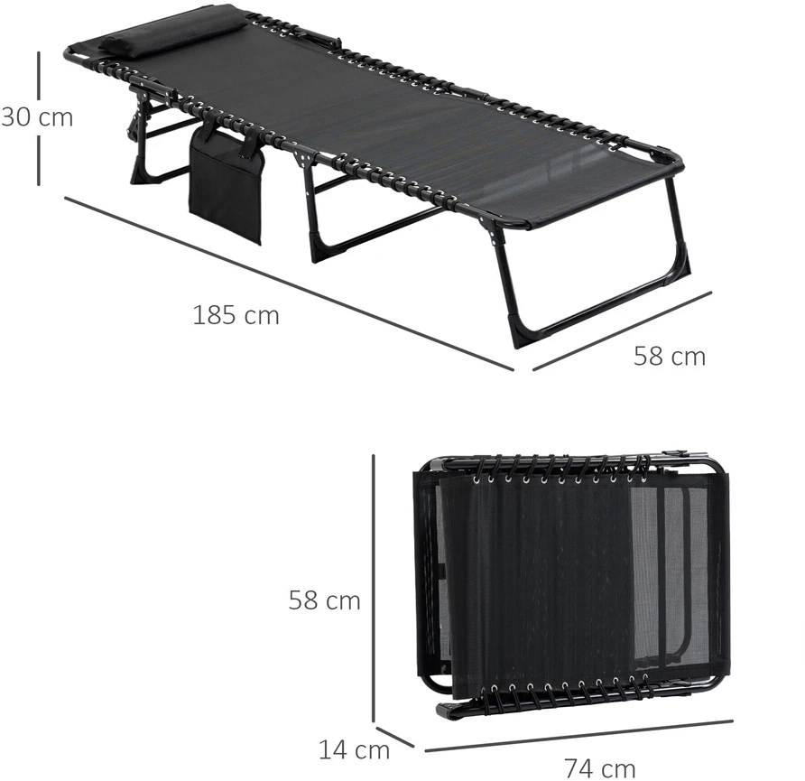 Bez Marki Outsunny sulankstomas gultas, sodo gultas su reguliuojamu atlošu (5 padėtys), nuimama galvos atrama, šonine kišene, audinio užvalkalu ir plieniniu rėmu, 185 x 58 x 30 cm, juodas