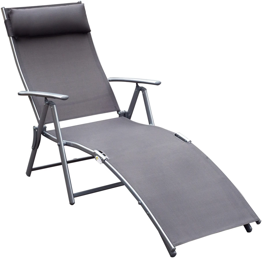 „Outsunny“ sodo gultas, sulankstomas reguliuojamas krėslas su pagalve, pilkas metalas ir pilkas audinys, 137 x 63,5 x 100,5 cm