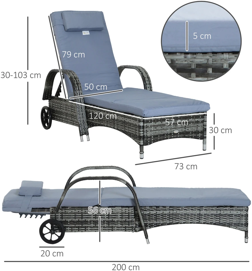 Outsunny sodo gultas, poliratanas ir metalas, pilkas, 200x73x30-103 cm