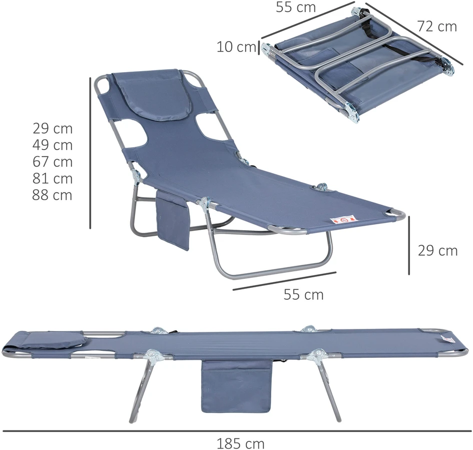 "Outsunny" sulankstomas sodo gultas su skaitymo langeliu, galvos pagalvėle, 5 padėčių reguliuojamu atlošu, oro sąlygoms atsparus kempingo gultas, maksimali apkrova 120 kg, skirtas sodui, paplūdimiui, baseinui, pilkos spalvos