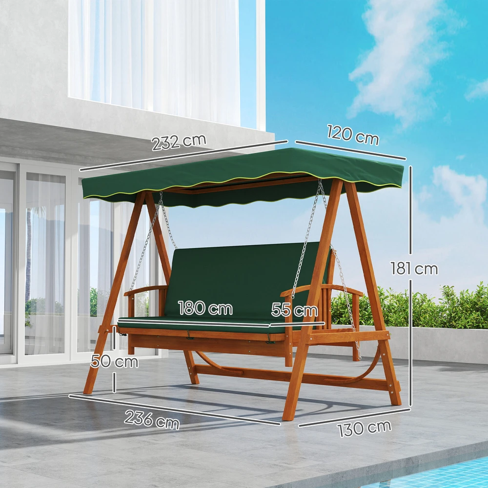 Outsunny 2-in-1 sodo sūpynės su gulto funkcija, 3 vietų medinės sodo sūpynės, medinės sūpynės su saulės stogeliu ir pagalvėlėmis, sodo suoliukas iki 330kg, sodui, terasai, 236x130x181 cm, tamsiai žalia