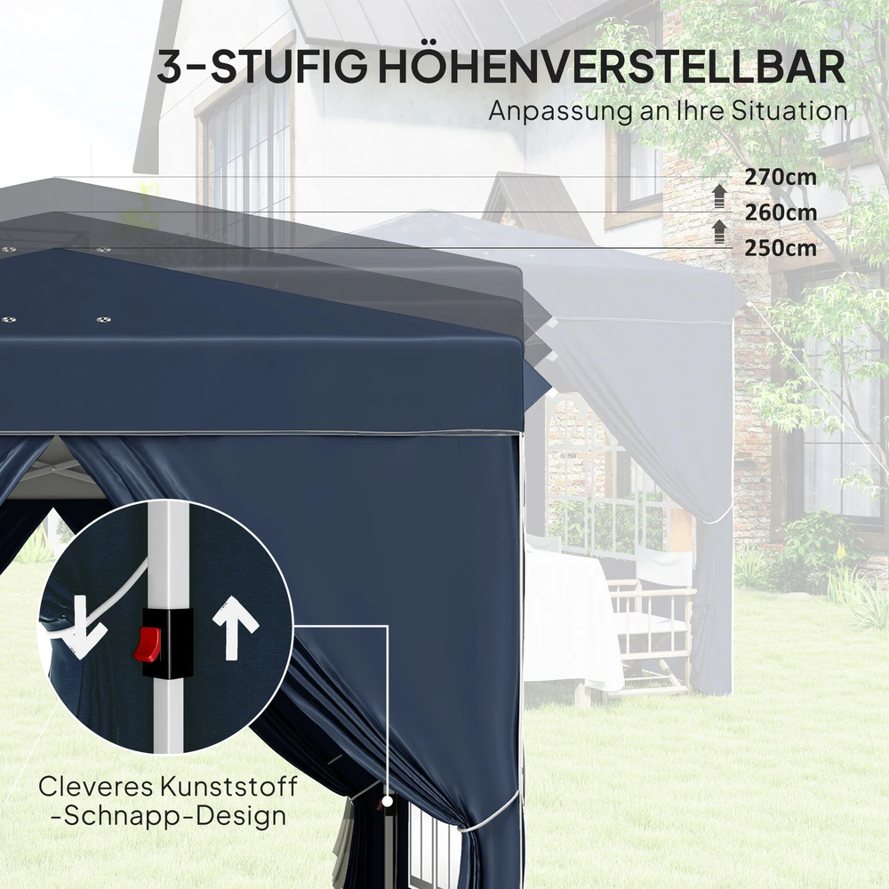 Outsunny pavėsinė 2,5x2,5m, vandeniui atspari, stabili, tinkama žiemai, išskleidžiama (pop-up), su UV 50+ apsauga, sulankstoma palapinė vakarėliams, sodo palapinė su 4 šoninėmis sienelėmis ir krepšiu, tamsiai mėlyna