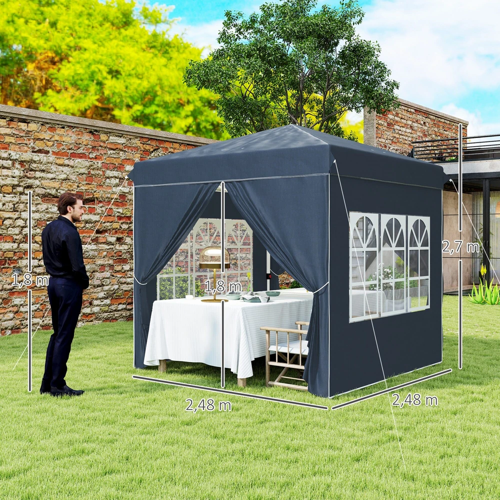 Outsunny pavėsinė 2,5x2,5m, vandeniui atspari, stabili, tinkama žiemai, išskleidžiama (pop-up), su UV 50+ apsauga, sulankstoma palapinė vakarėliams, sodo palapinė su 4 šoninėmis sienelėmis ir krepšiu, tamsiai mėlyna