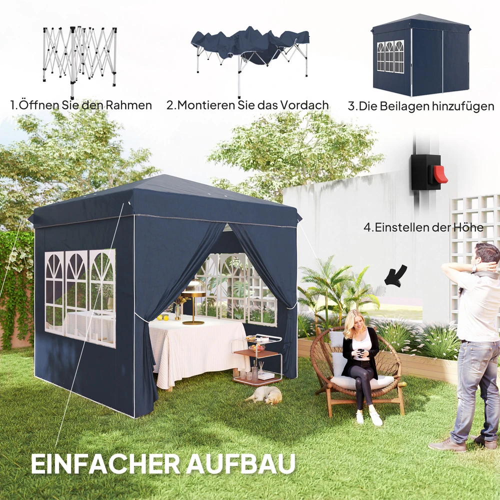 Outsunny pavėsinė 2,5x2,5m, vandeniui atspari, stabili, tinkama žiemai, išskleidžiama (pop-up), su UV 50+ apsauga, sulankstoma palapinė vakarėliams, sodo palapinė su 4 šoninėmis sienelėmis ir krepšiu, tamsiai mėlyna