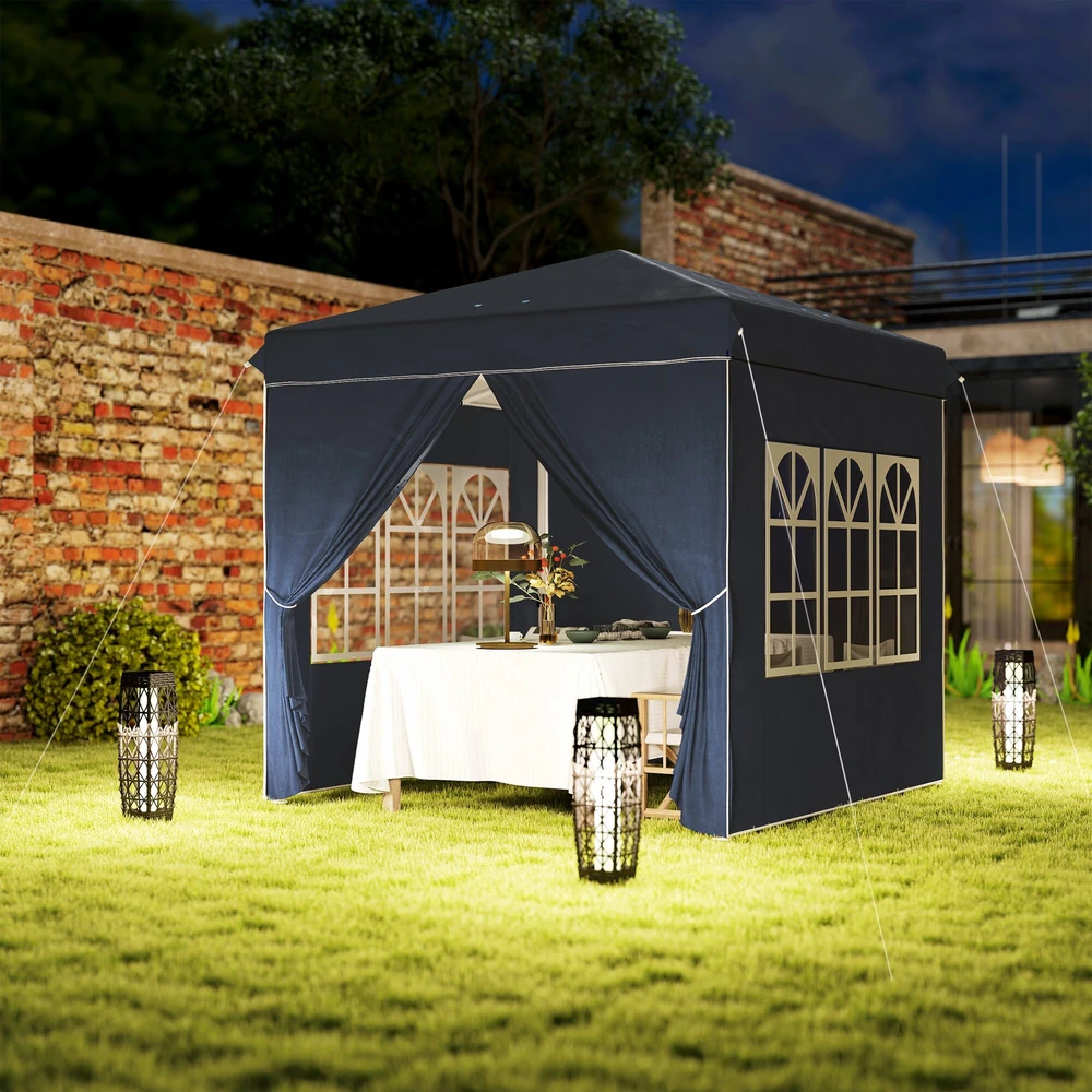 Outsunny pavėsinė 2,5x2,5m, vandeniui atspari, stabili, tinkama žiemai, išskleidžiama (pop-up), su UV 50+ apsauga, sulankstoma palapinė vakarėliams, sodo palapinė su 4 šoninėmis sienelėmis ir krepšiu, tamsiai mėlyna