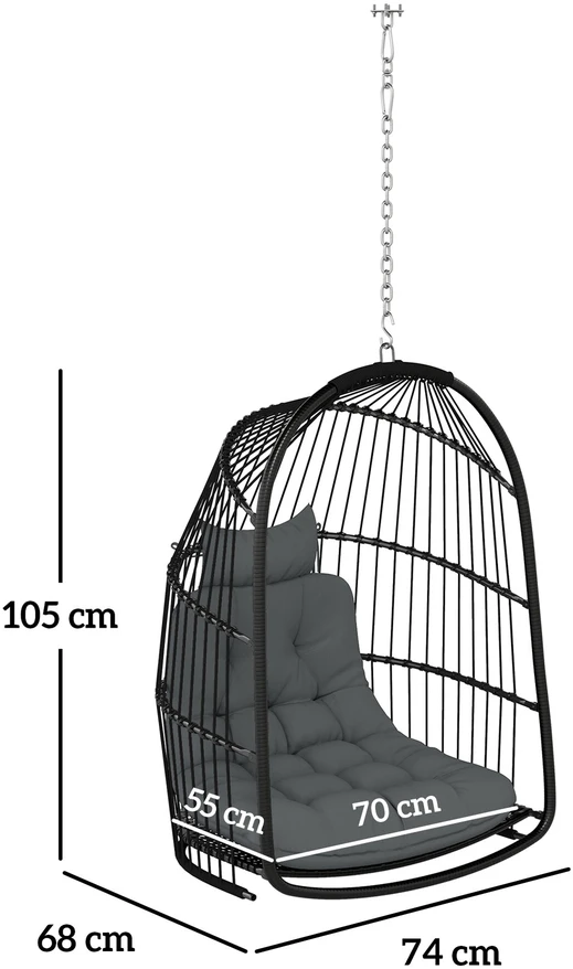 Outsunny kabančio krėslo pintas krepšys su pagalvėlėmis, poliratano sūpynės, lauko/vidaus sulankstomas kabančio krėslo fotelis, atlaikantis iki 150 kg, kabančios sūpynės, krepšio tipo kėdė svetainei, balkonui, terasai, tamsiai pilka