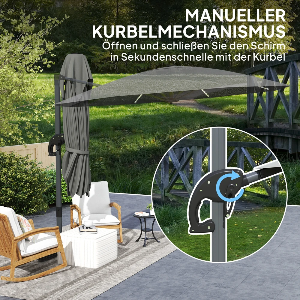 Outsunny aliumininis konsolinis skėtis su saulės LED apšvietimu, Ø300 cm, reguliuojamo aukščio, su alkūne, stovu, UV50+ apsauga, atsparus vandeniui, pasukamas 360°, pakreipiamas, tamsiai pilkas