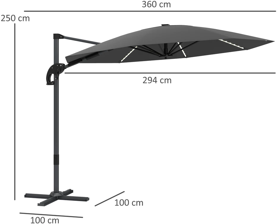 Outsunny aliumininis konsolinis skėtis su saulės LED apšvietimu, Ø300 cm, reguliuojamo aukščio, su alkūne, stovu, UV50+ apsauga, atsparus vandeniui, pasukamas 360°, pakreipiamas, tamsiai pilkas