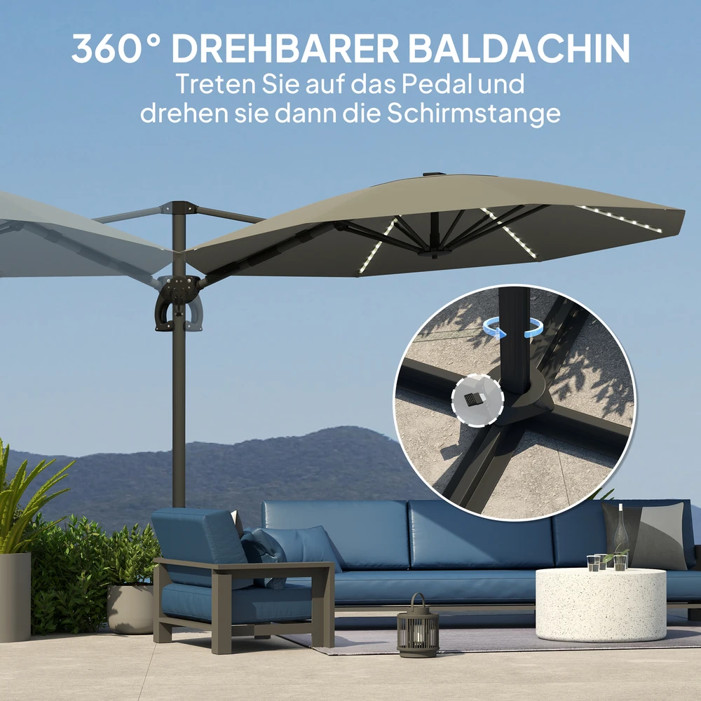 Outsunny aliumininis konsolinis skėtis su saulės LED apšvietimu, Ø300 cm, reguliuojamo aukščio, su alkūne, stovu, UV50+ apsauga, atsparus vandeniui, pasukamas 360°, pakreipiamas, tamsiai pilkas