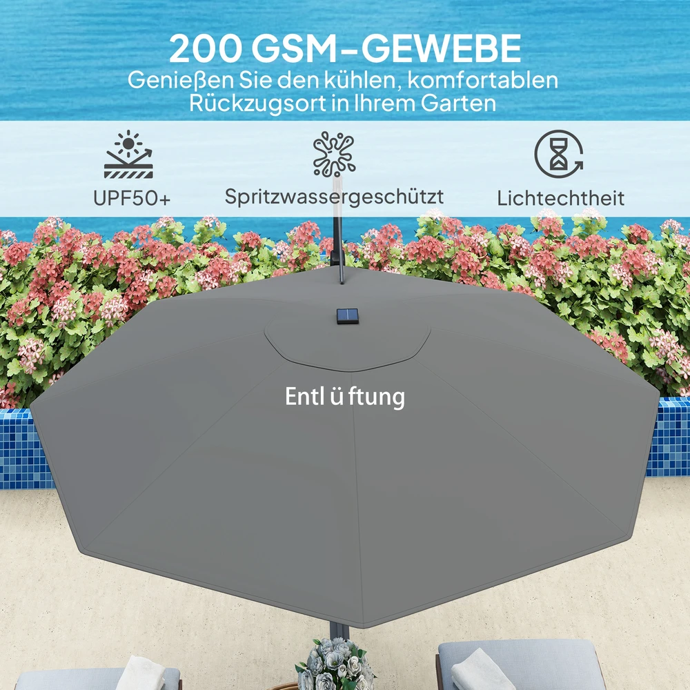 Outsunny aliumininis konsolinis skėtis su saulės LED apšvietimu, Ø300 cm, reguliuojamo aukščio, su alkūne, stovu, UV50+ apsauga, atsparus vandeniui, pasukamas 360°, pakreipiamas, tamsiai pilkas