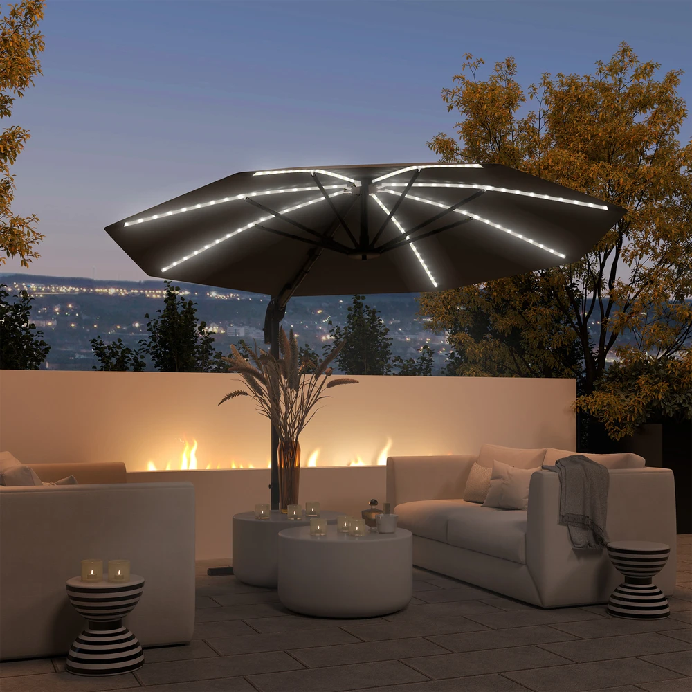 Outsunny aliumininis konsolinis skėtis su saulės LED apšvietimu, Ø300 cm, reguliuojamo aukščio, su alkūne, stovu, UV50+ apsauga, atsparus vandeniui, pasukamas 360°, pakreipiamas, tamsiai pilkas