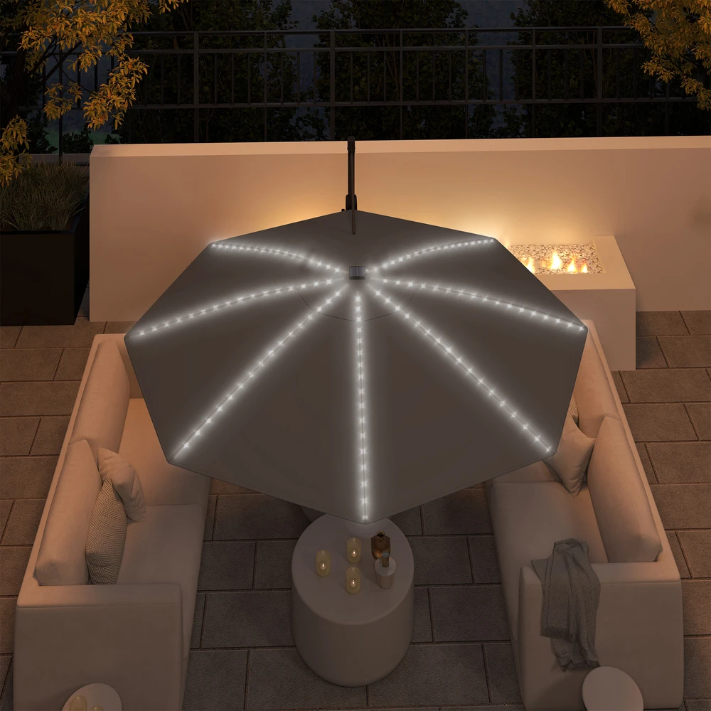 Outsunny aliumininis konsolinis skėtis su saulės LED apšvietimu, Ø300 cm, reguliuojamo aukščio, su alkūne, stovu, UV50+ apsauga, atsparus vandeniui, pasukamas 360°, pakreipiamas, tamsiai pilkas