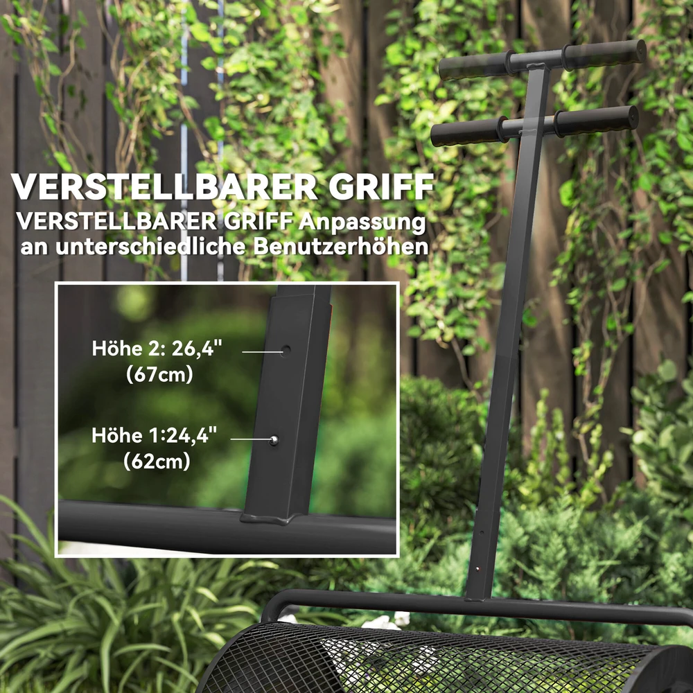 Outsunny komposto barstytuvas 300L 61x40cm, trąšų barstytuvas vejai ir sodui, su T formos rankena, metalinis tinklelis, durpių samanų barstytuvas, vejos priežiūros įrankis kompostui, mėšlui, trąšoms ir sėkloms, juodas