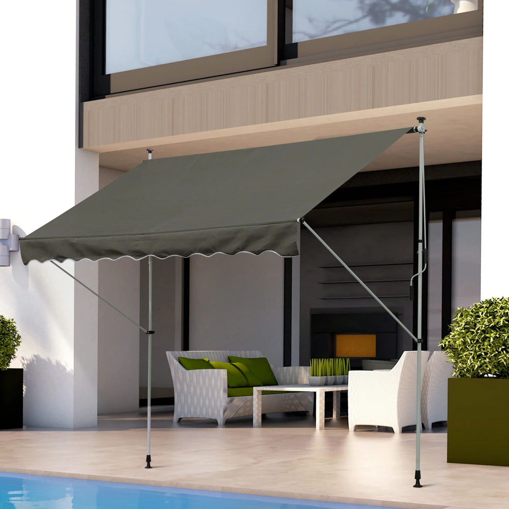 Outsunny markizė, ištraukiama markizė su alkūne, apsauga nuo saulės, sulankstoma svirtis, rankinis valdymas, balkono markizė, aliuminis, pilka, 300 x 150 cm
