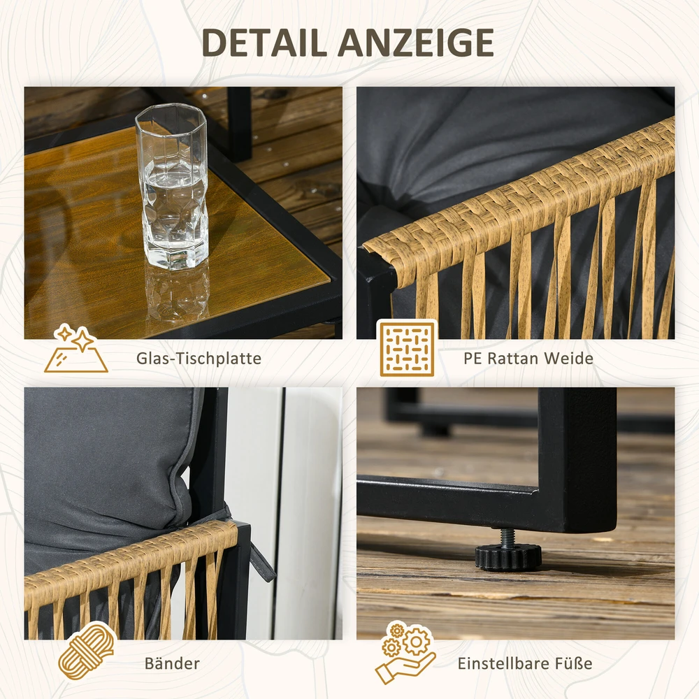 Lauko baldų komplektas Outsunny 4 dalių rotango sodo baldų komplektas, sėdimoji dalis su pagalvėlėmis, sodo baldų komplektas su 1 stikliniu kavos staliuku, 2 foteliais, 1 dviviete sofa