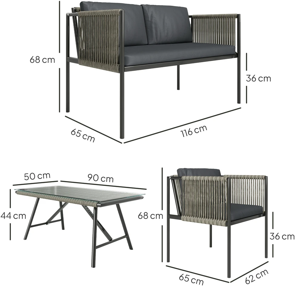 Lauko baldų komplektas „Outsunny“ polirango sodo baldų komplektas, poilsio baldų rinkinys su 2 vietų sofa, foteliu, stikliniu stalu, pagalvėlėmis, atsparus oro sąlygoms, balkonų baldai 4 asmenims, lauko sėdimoji grupė, terasos baldai sodui, balkonui, pilkas